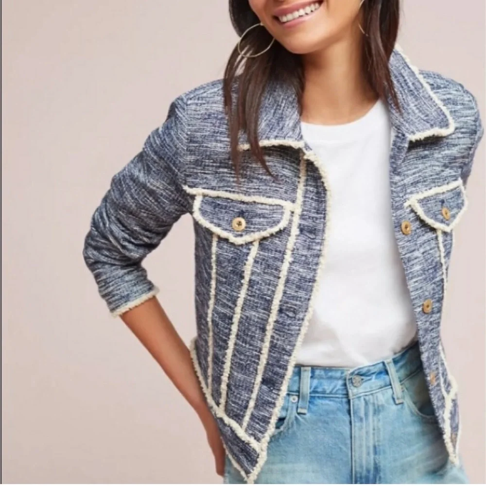Anthropologie Ett:Twa Blue Tweed Blazer Jacket XS - Picture 2 of 9
